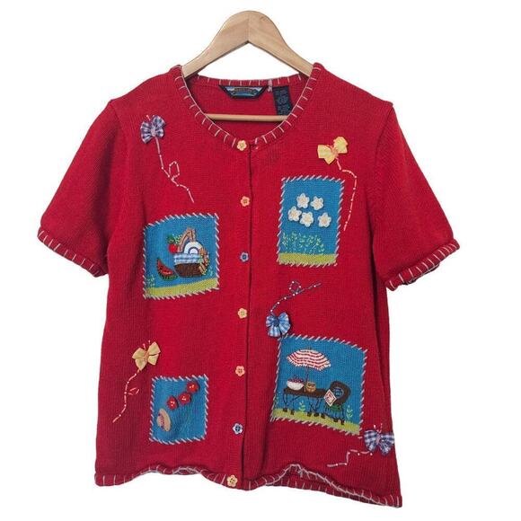 Vintage Granny Cardigan Women Large Shaver Lake Red Picnic Embroidered 3D Preppy - Picture 1 of 10